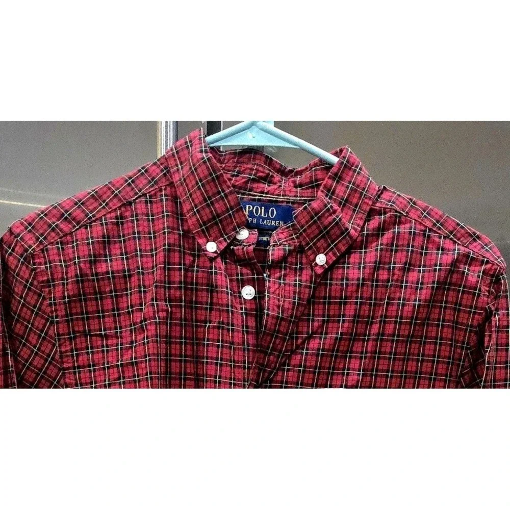 Ralph Lauren Button-Down Boys Shirt  Sz 18/20 Red Plaid Cotton‎ Long Sleeve Xmas